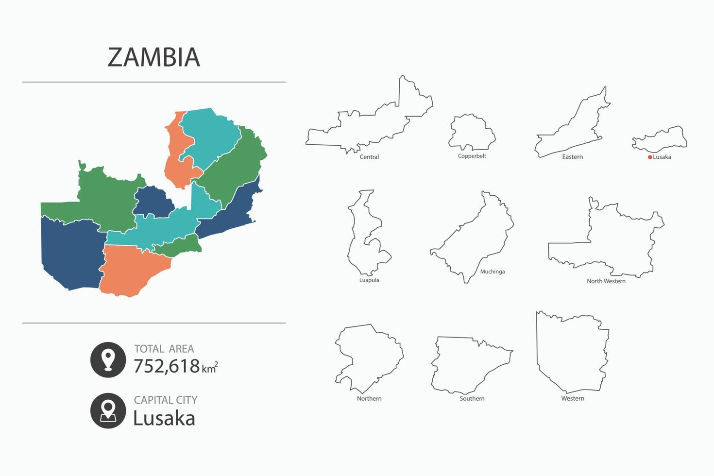 mapa de zambia con un mapa detallado del país. elementos del mapa de ciudades, áreas totales y capital. vector