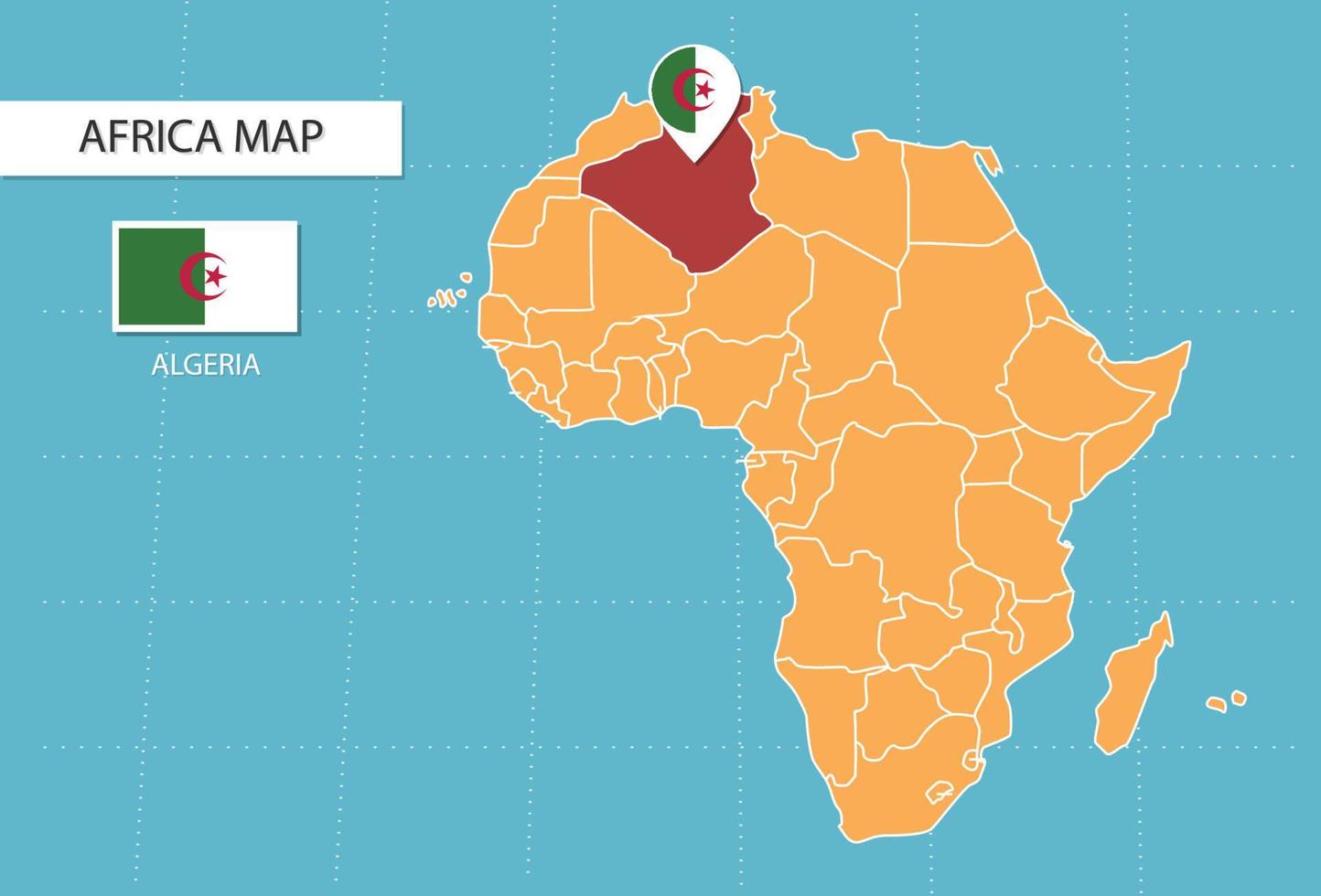 mapa de Argelia en África, íconos que muestran la ubicación y las banderas de Argelia. vector