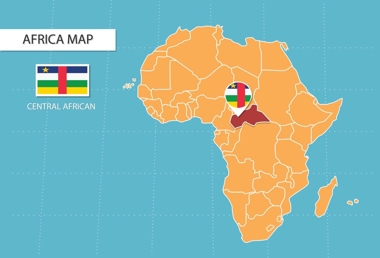 mapa de áfrica central en áfrica, iconos que muestran la ubicación y las banderas de áfrica central. vector