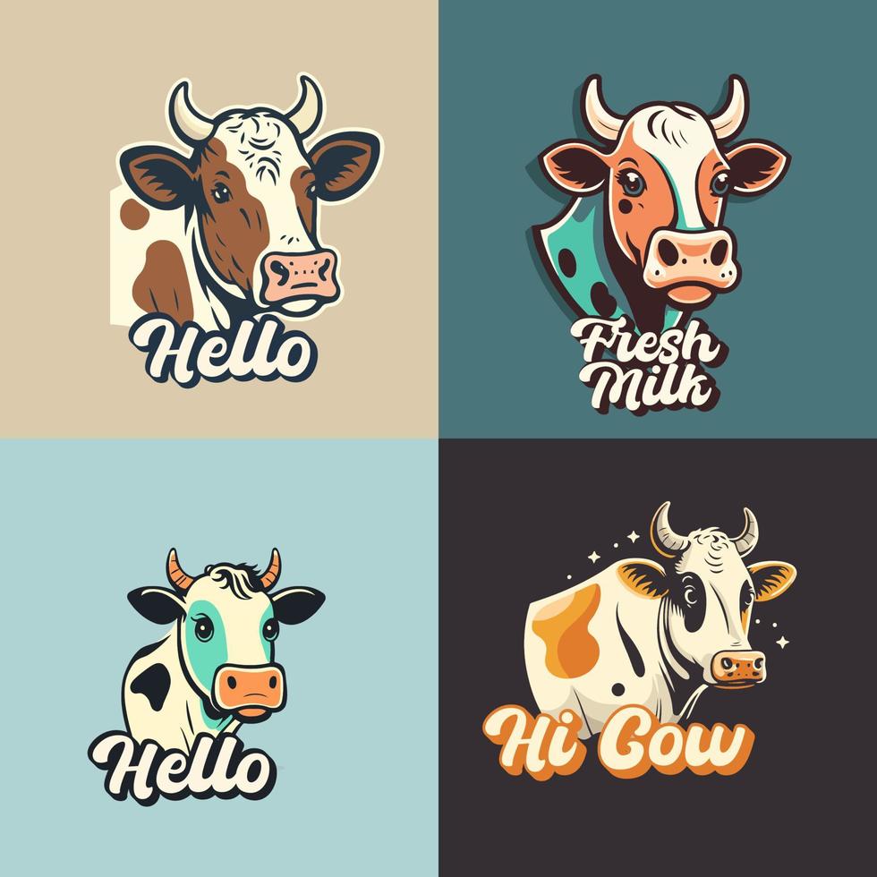 colección de logos de linda cara de vaca. ilustración de logotipo de mascota de dibujos animados de leche de vaca vector