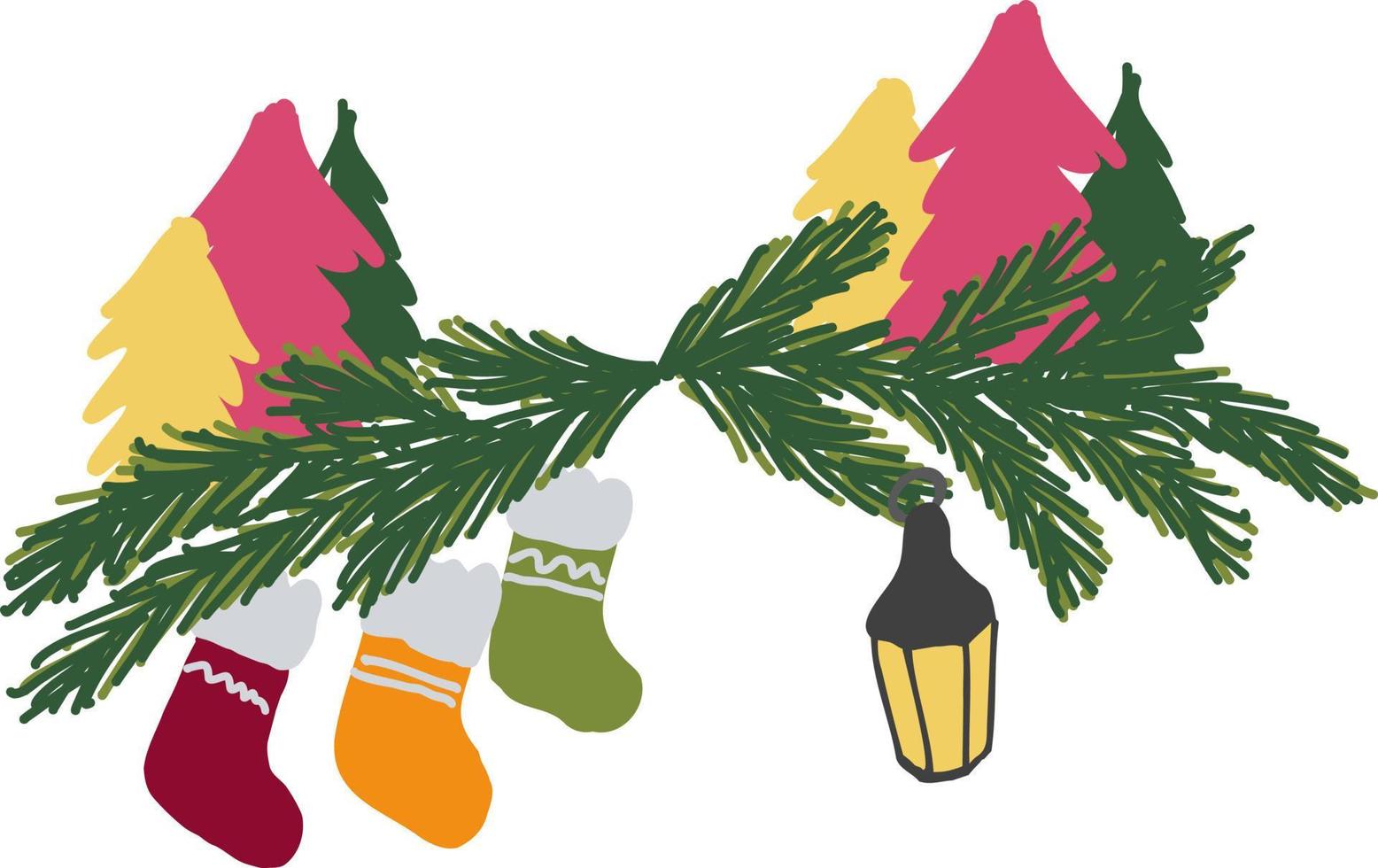 Green branches of a Christmas tree with a lantern and socks for gifts holiday decoration. vector