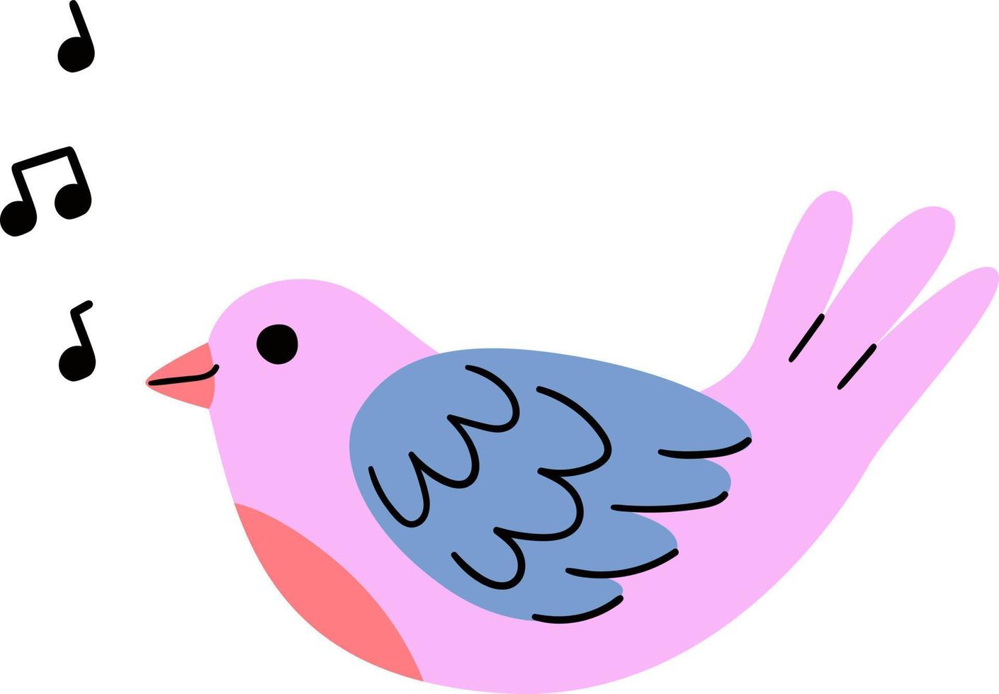 un pájaro rosa con notas canta una caricatura. vector