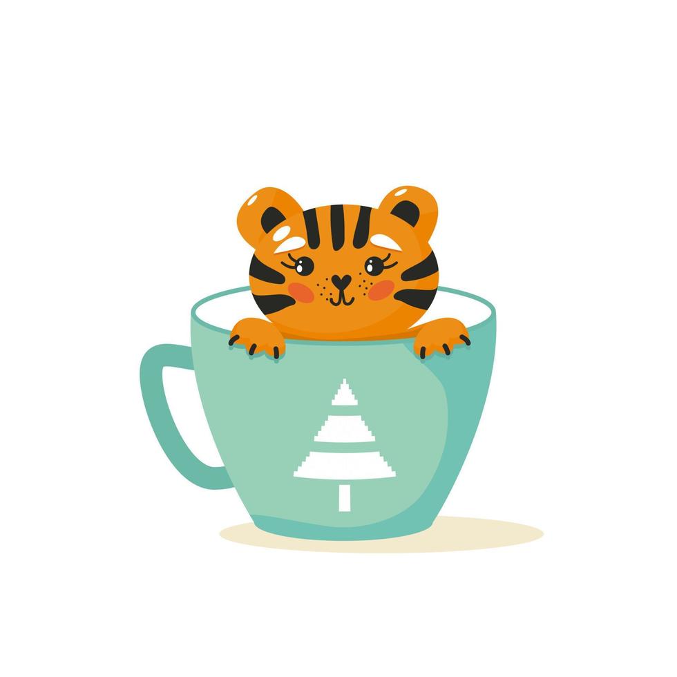 Cute tiger character sitting in cup. Christmas vector illustration. Funny postcard with animal symbol of the year.