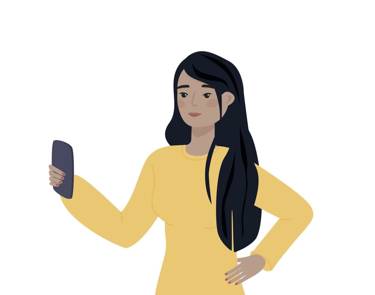 Asian character with mobile phone on white background. Woman holding smartphone. Young adult with gadget isolated vector illustration.