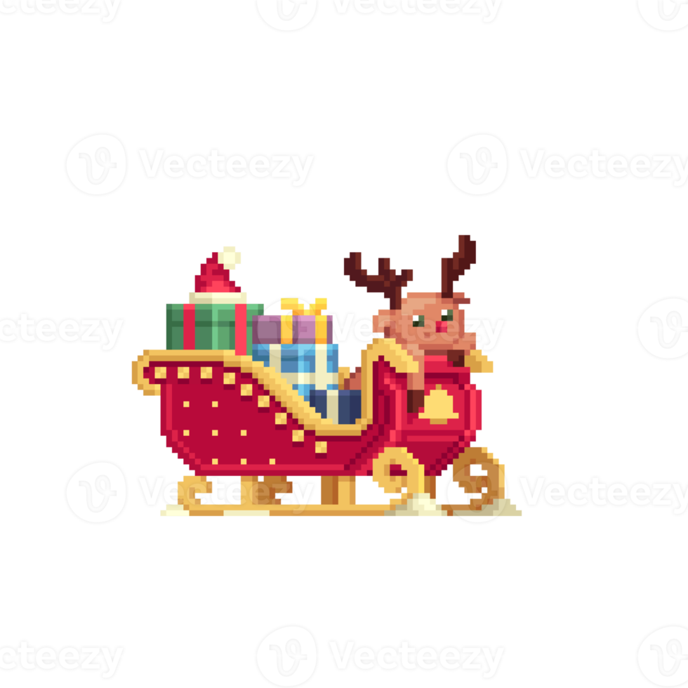 Christmas sleigh with gifts and deer in pixel art style. Santa's New Year's Reindeer Cart png