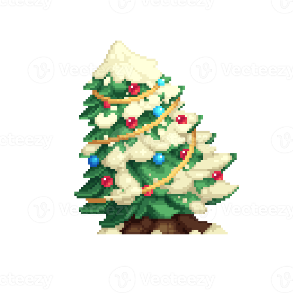 Pixel-Weihnachtsbaum im Schnee mit Dekorationen png