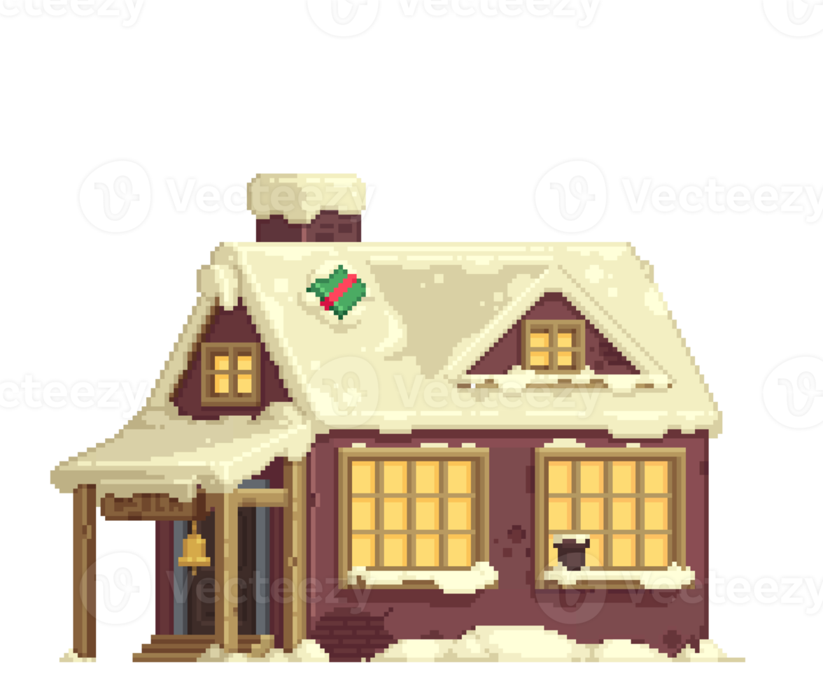 Pixel-Weihnachtshaus mit Schnee und einem Geschenk auf dem Dach. Einstöckiges Haus mit großen Fenstern, mit Schnee bedeckt png