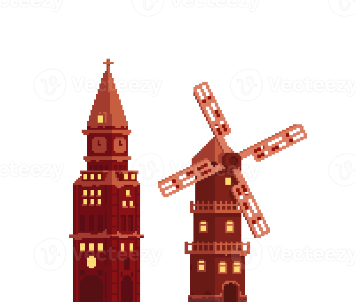 Pixelated tower and mill in Viva Magenta shades png