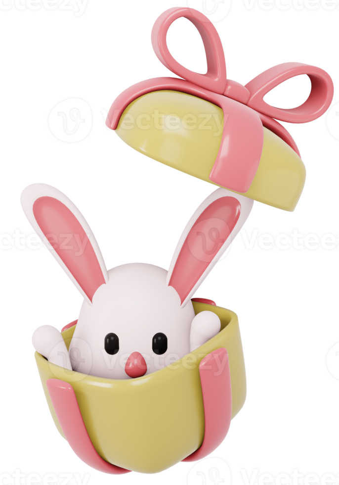 3D Render conejo en una caja de regalo aislado en blanco. Ilustración de procesamiento 3d. png
