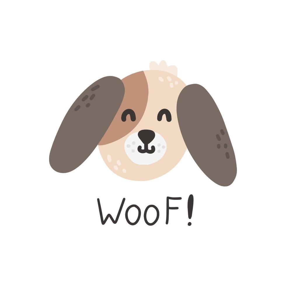 linda cara de perro con letras woof. ilustración dibujada a mano vectorial, impresión infantil para postales, carteles, camisetas vector