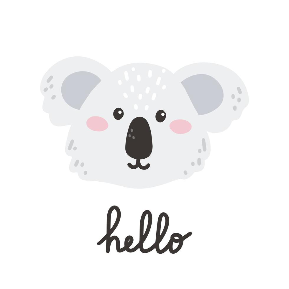 linda cara de koala con letras hola. ilustración dibujada a mano vectorial, impresión infantil para postales, carteles, camisetas vector