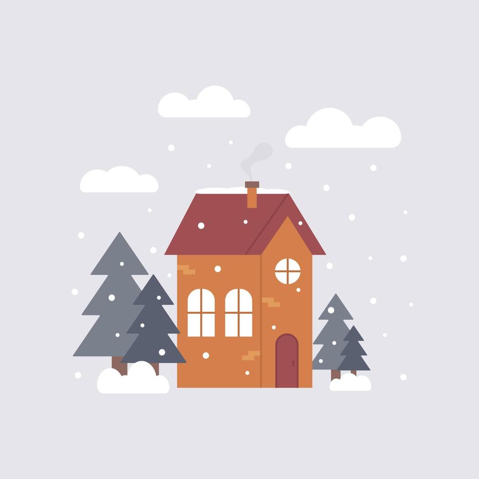 linda ilustración de invierno de casa con árboles de navidad y estilo plano de nieve. perfecto para tarjetas de felicitación, afiches o estampados para ropa vector
