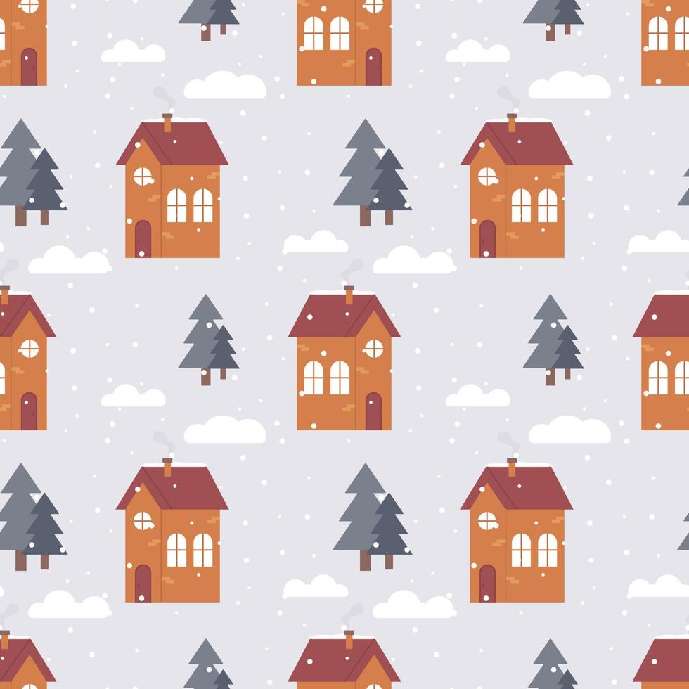 Cute winter seamless pattern of house with Christmas trees and snow in flat style. Ideal for paper products or clothing prints vector