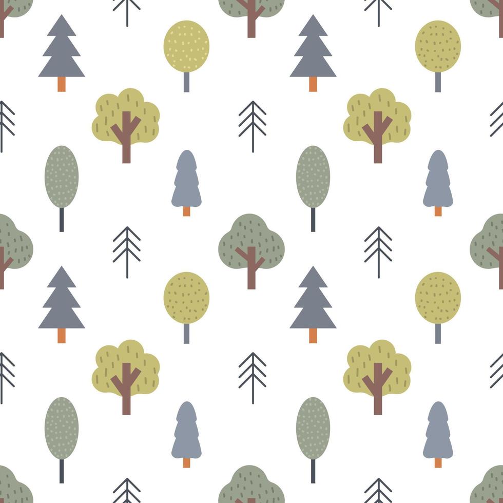 Trees in Scandinavian style forest, vector seamless flat pattern on white background