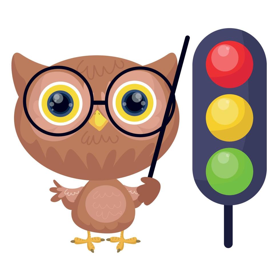 Master Owl teaches traffic lights. Isolated illustration in vector format