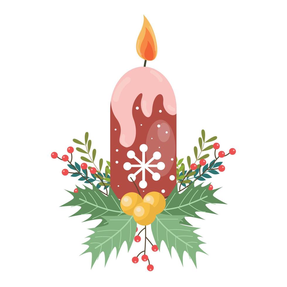 Red candle with christmas decorations. isolated vector theme