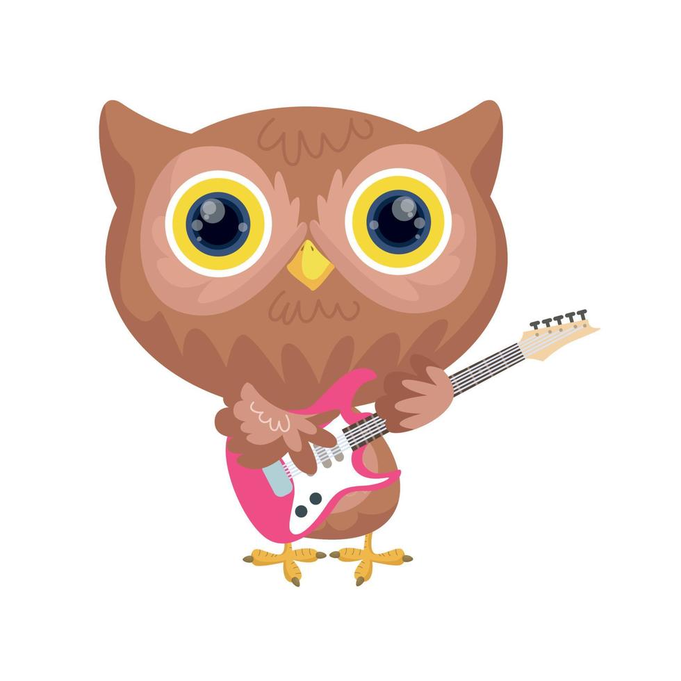 Cute owl playing guitar. Music design. Bird playing music. vector