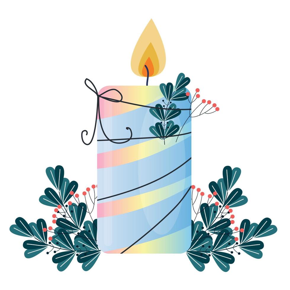 Merry christmas lit striped candle with leaves and ribbon decoration vector illustration