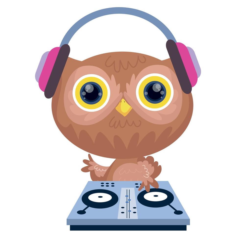 lindo búho con auriculares tocando disc jockey. ilustración vectorial vector