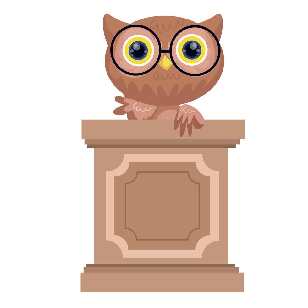 Cute wise owl standing on the dais. Cute owl cartoon character, back to school concept vector