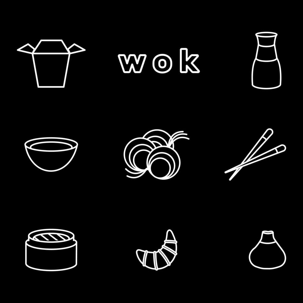 Set of wok icons. White outline on a black background. Asian food. Vector illustration.