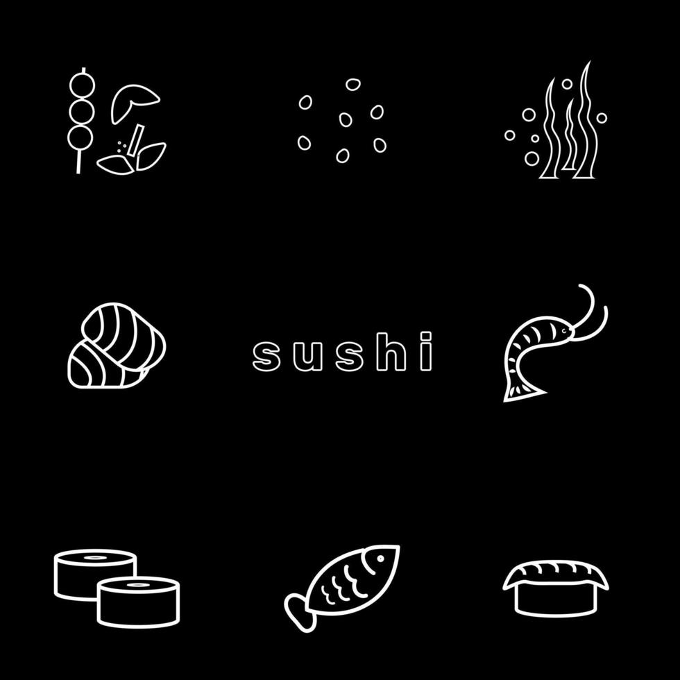 conjunto de iconos de wok. contorno blanco sobre un fondo negro. comida asiática. ilustración vectorial vector