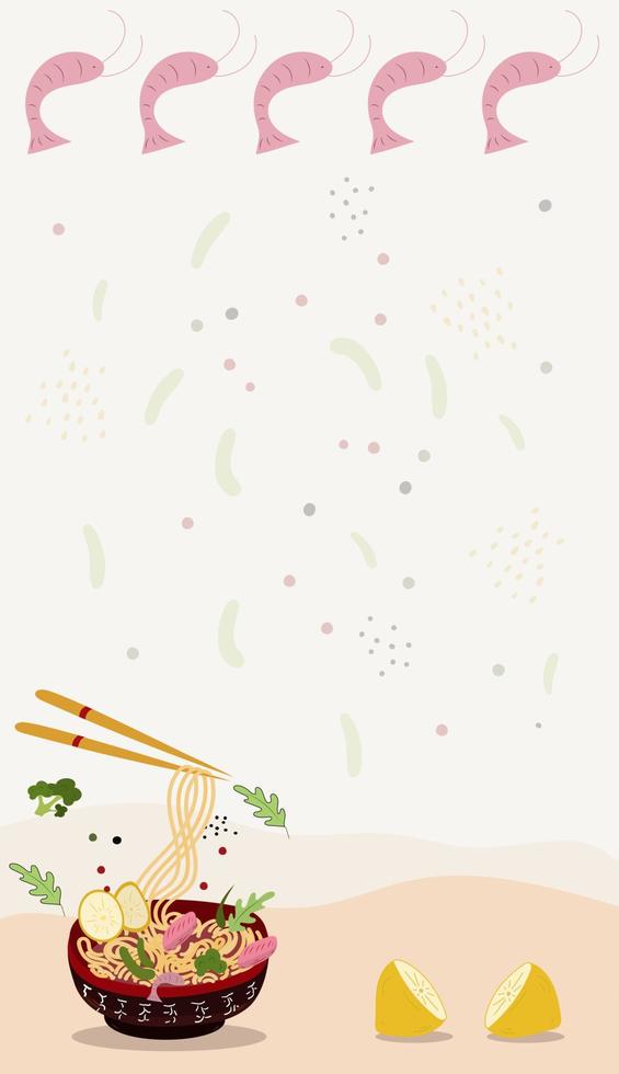 Banner shrimps Asian food. Box with noodles. Chinese chopsticks raise noodles. Vector illustration.