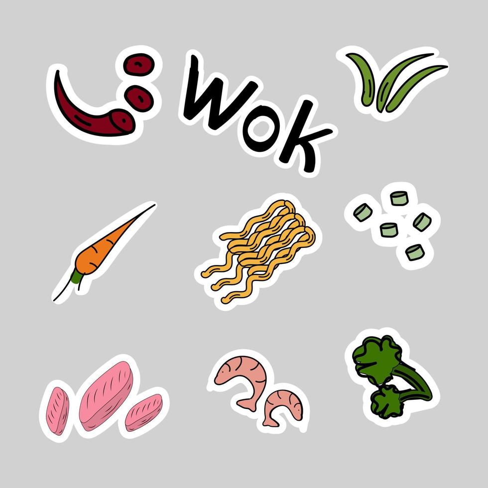 pegatinas asiático comer comida. fideos wok de ilustración vectorial, mariscos, verduras, especias, pimientos, camarones vector