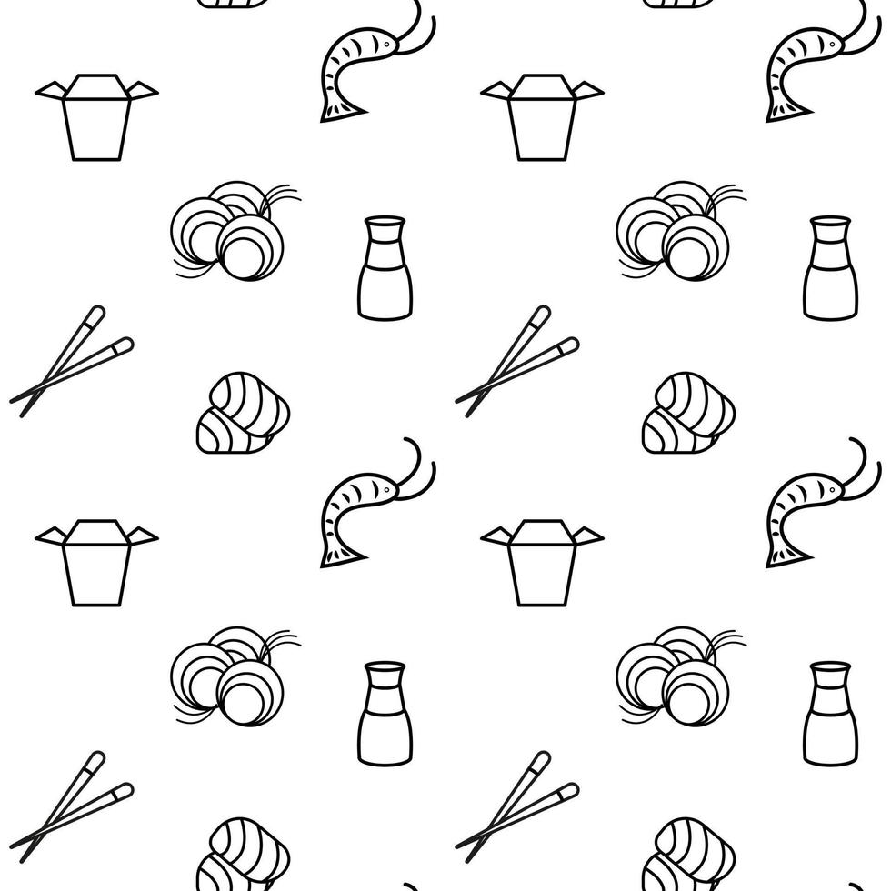Seamless pattern Asian food. Shrimp, noodles, wok box, chopsticks, sauce, fish. Vector illustration.