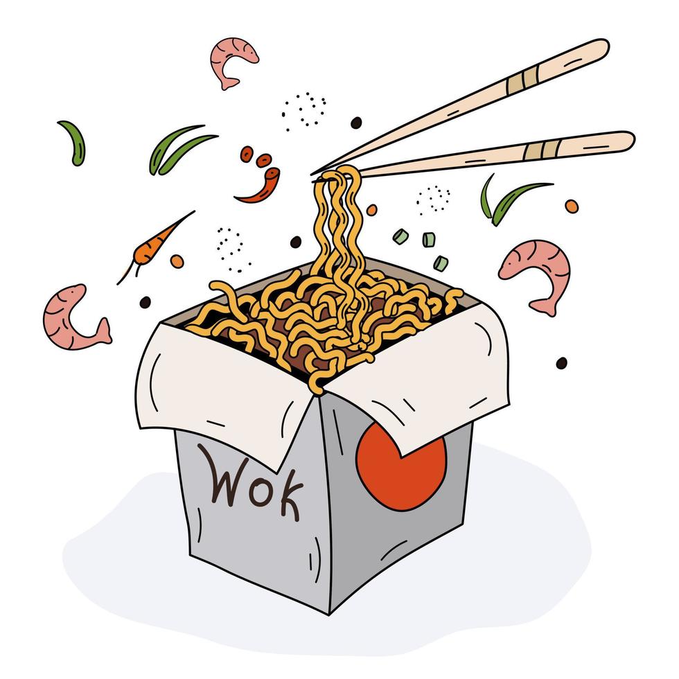Asian food. Box with noodles and ingredients. Chinese chopsticks raise noodles. Vector illustration.