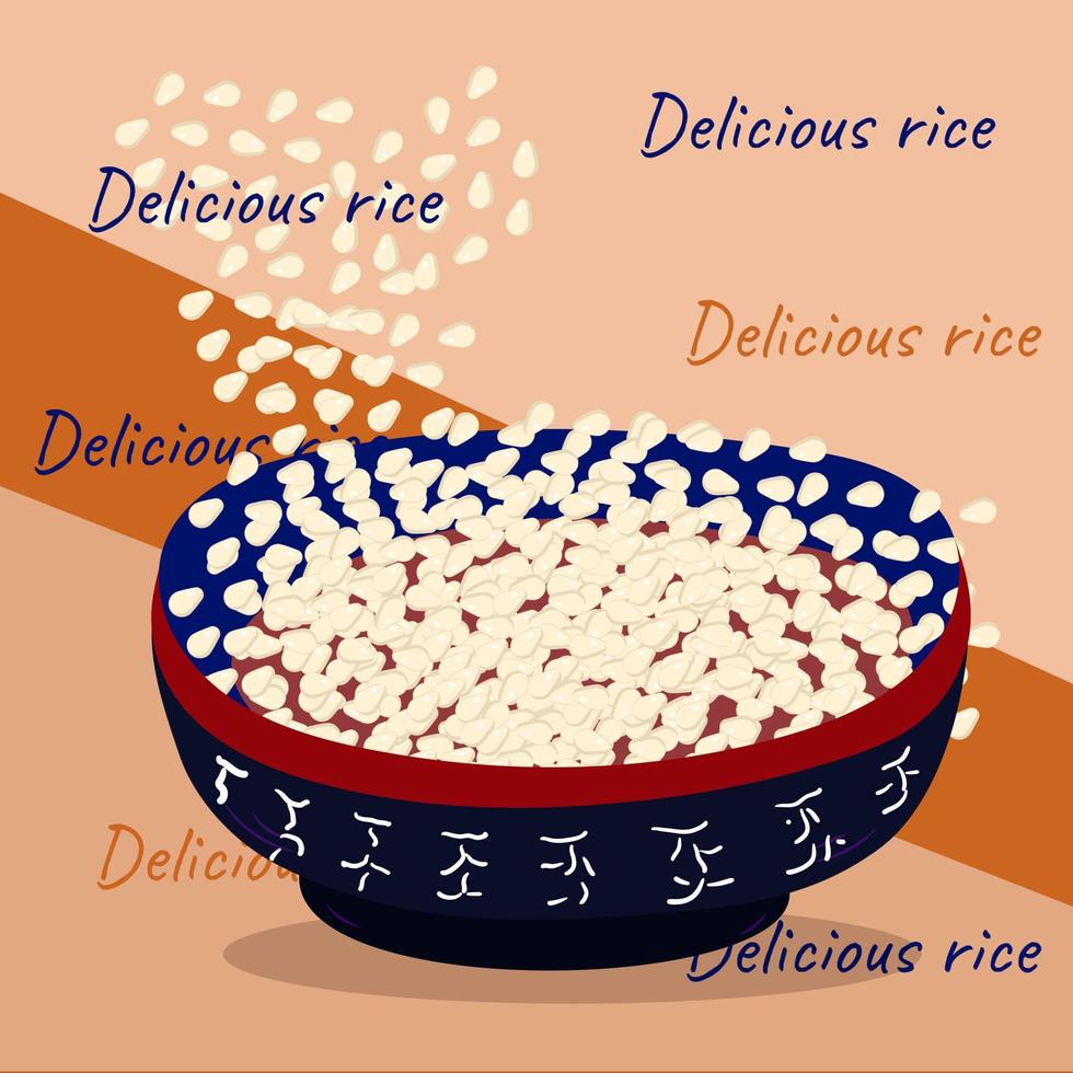 Card Rice on plate and appetizing text. Delicious Asian food Vector illustration