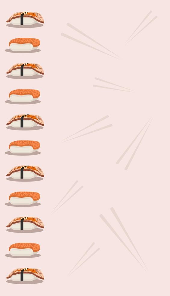 Banner sushi eel, salmon, chopsticks. Tamplate social media storys. Asian food. Vector illustration.