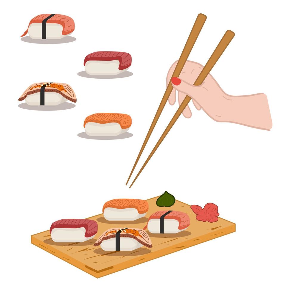 sushis en tablero de madera, palillos en la mano. camarón salmón anguila atún. ilustración de vector de comida asiática