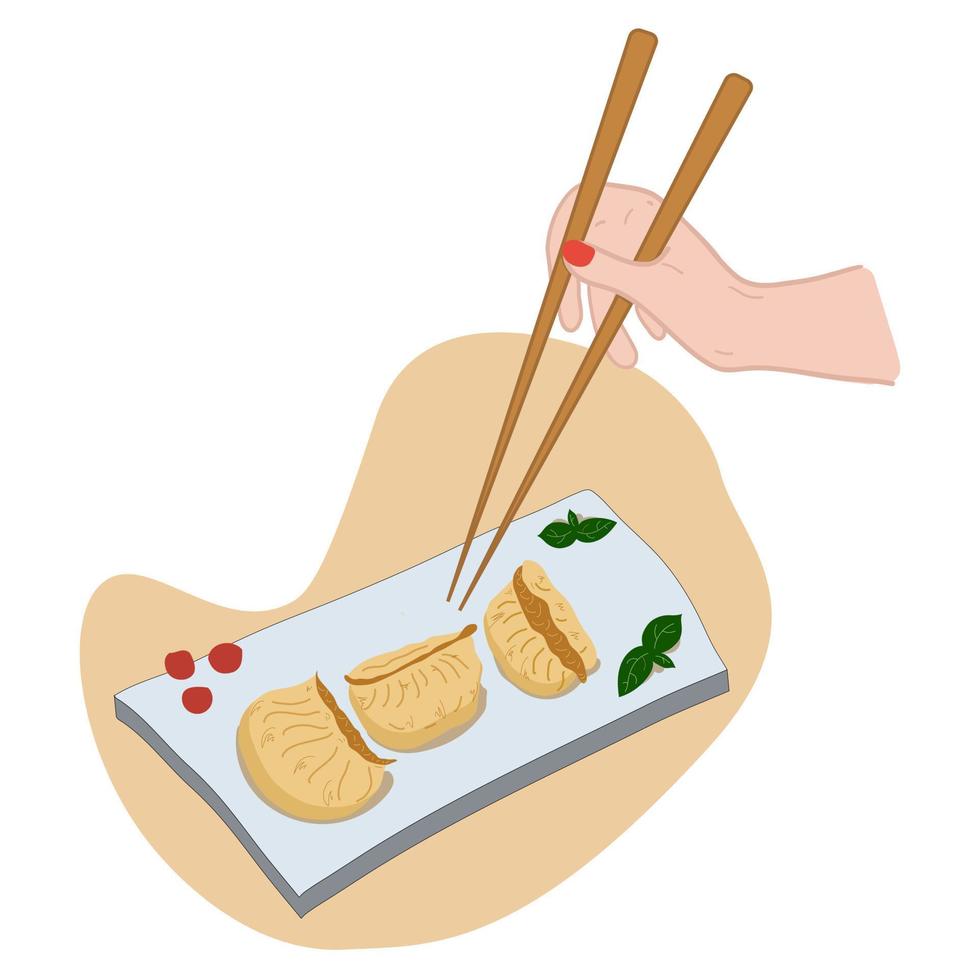 Chinese dumplings on plate with Chopsticks. Delicious Asian food Traditional. Vector illustration.
