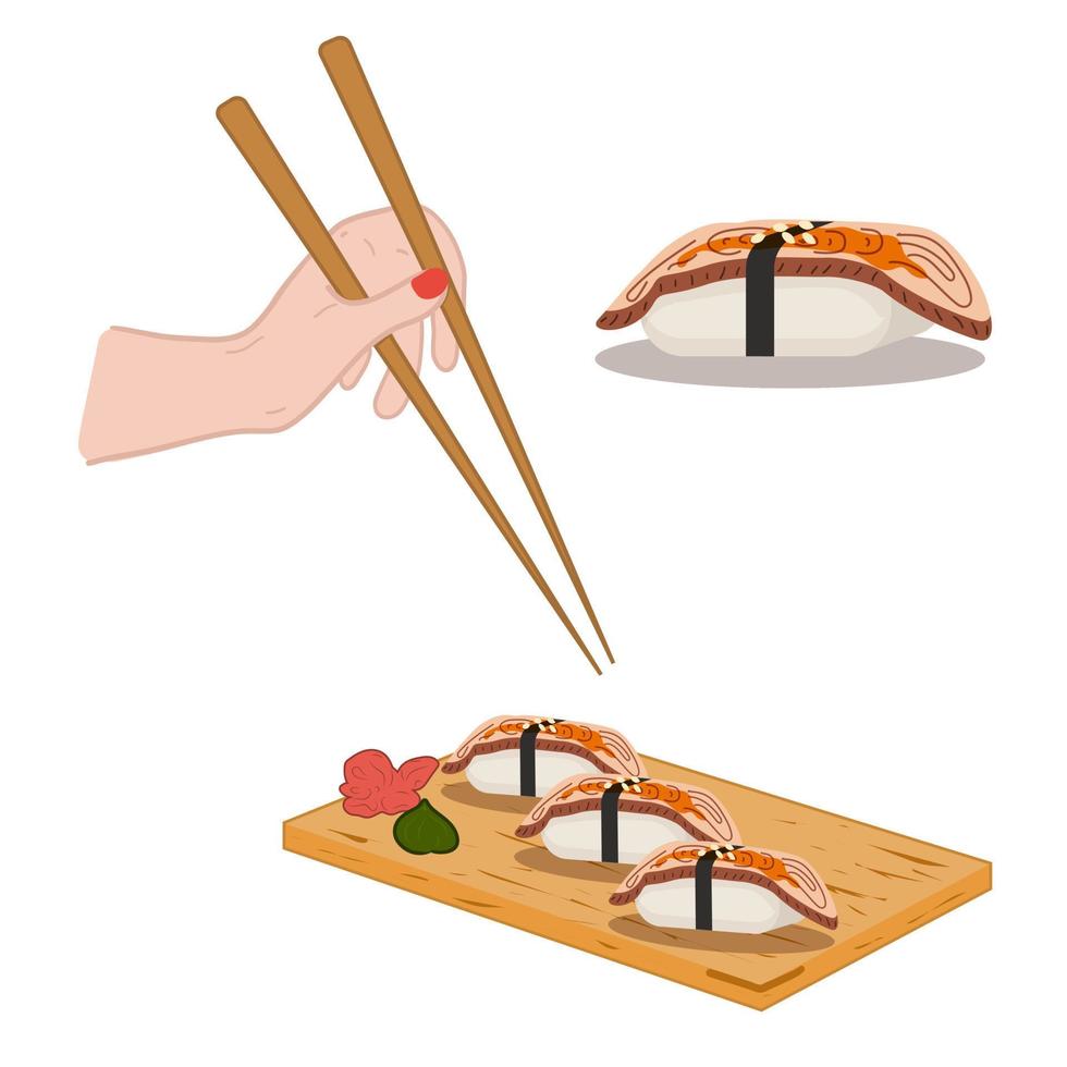 Sushis set on woode board, chopstick in hand. Rolls with eel. Asian food Vector illustration