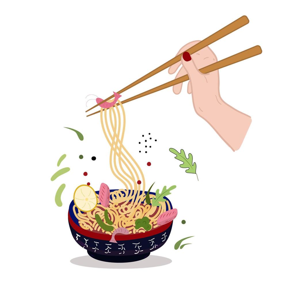 Asian food Box with noodles and ingredients. Hand with chopsticks raise noodles. Vector illustration