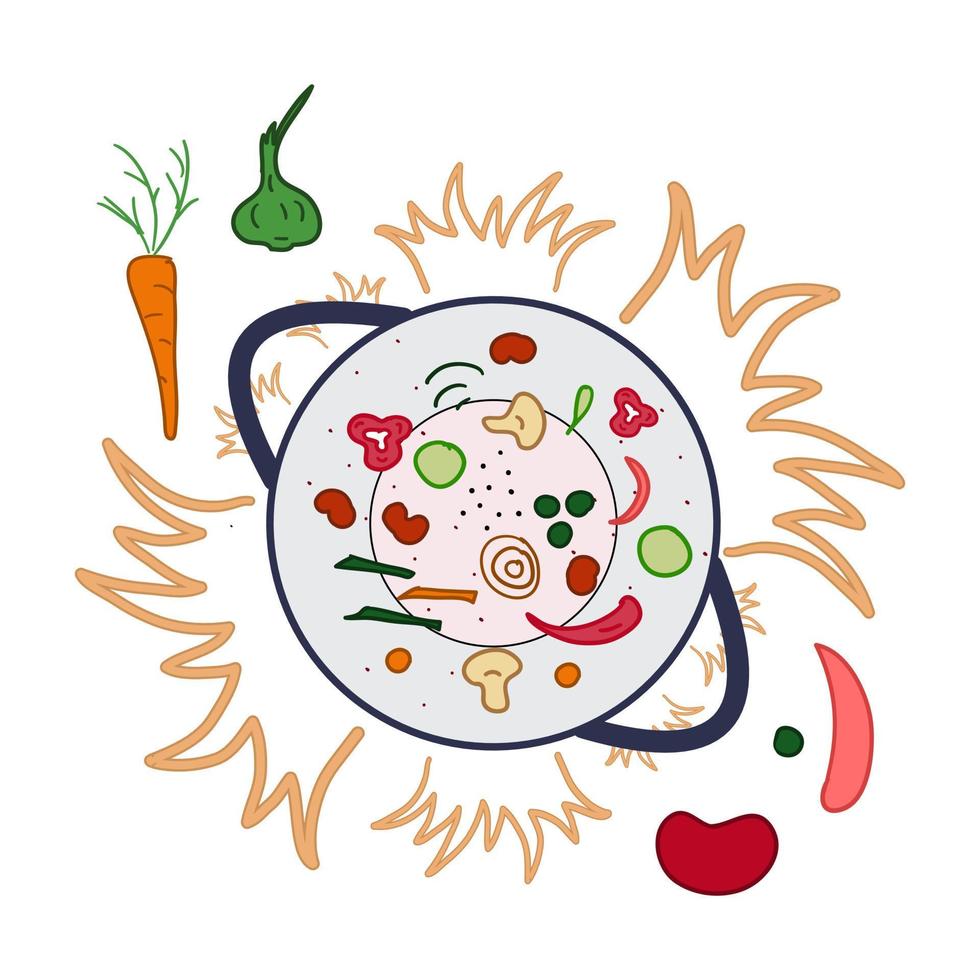 Asian food. Vector illustration. Wok on hot frying pan with peppers, herbs, mushrooms and vegetables