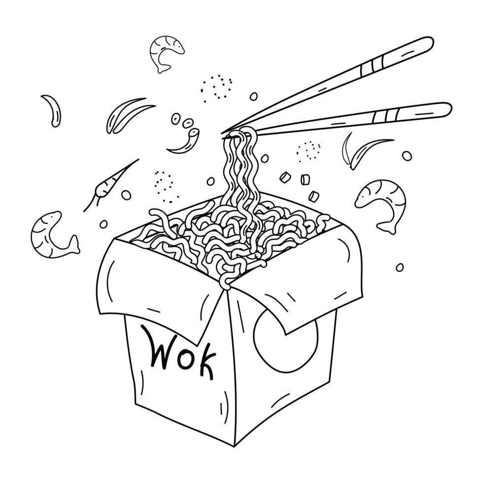 Coloring page. Asian food. Box with noodles. Chinese chopsticks raise noodles. Vector illustration.