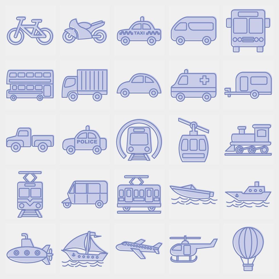 Icon set of transportations. Transportation elements. Icons in two tone style. Good for prints, posters, logo, sign, advertisement, etc. vector