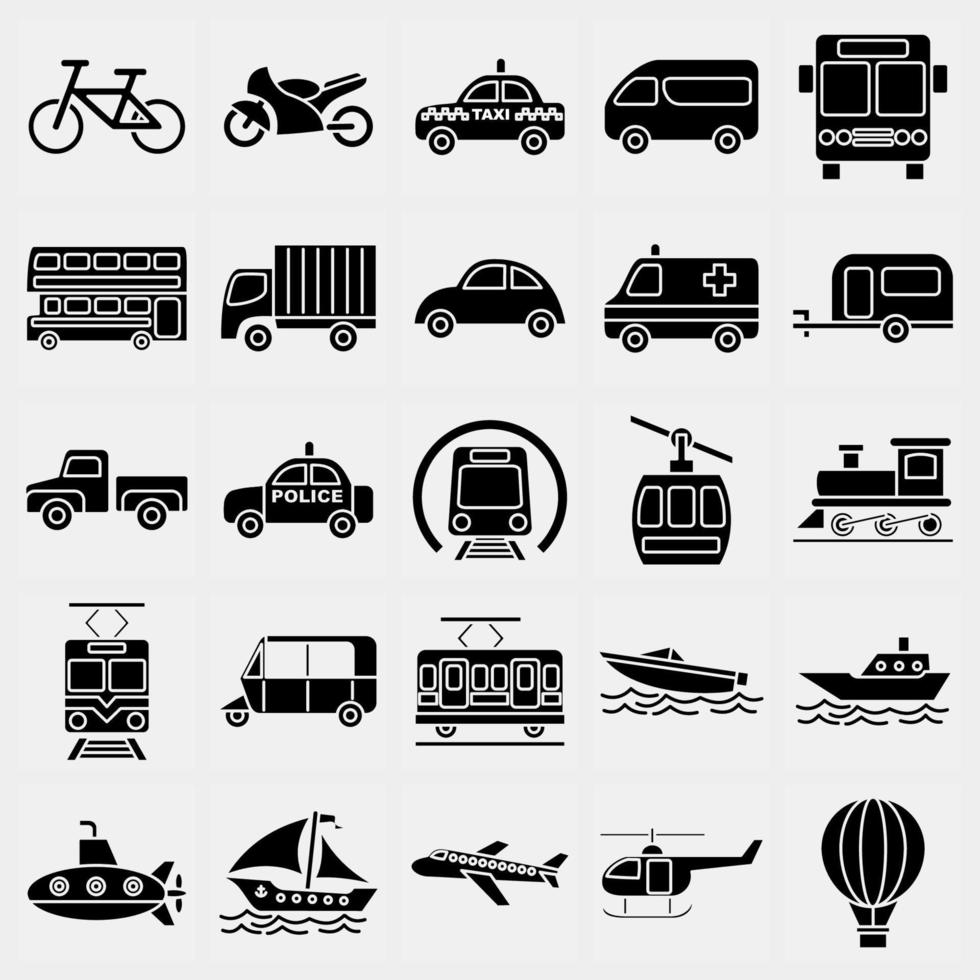 Icon set of transportations. Transportation elements. Icons in glyph style. Good for prints, posters, logo, sign, advertisement, etc. vector