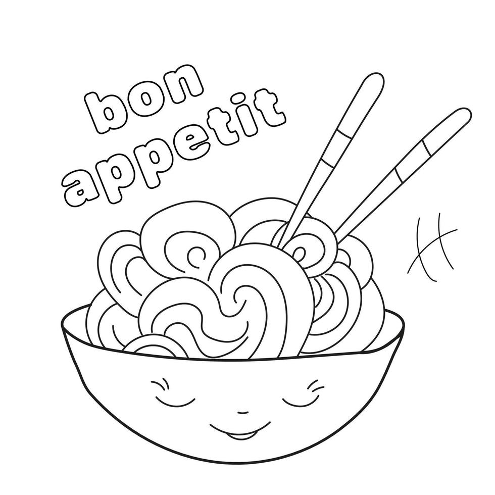 Dibujo para colorear fideos y palillos. Buen provecho. comida asiática. ilustración vectorial vector