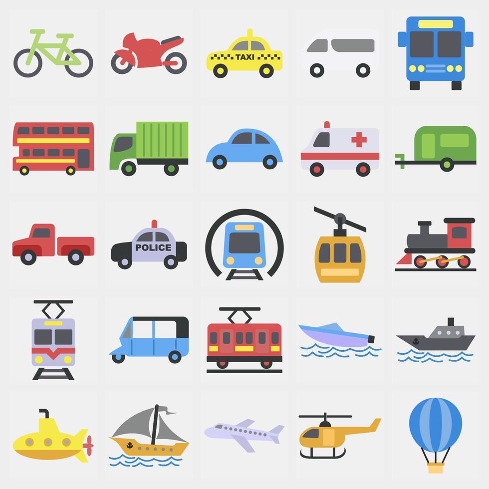 Icon set of transportations. Transportation elements. Icons in flat style. Good for prints, posters, logo, sign, advertisement, etc. vector