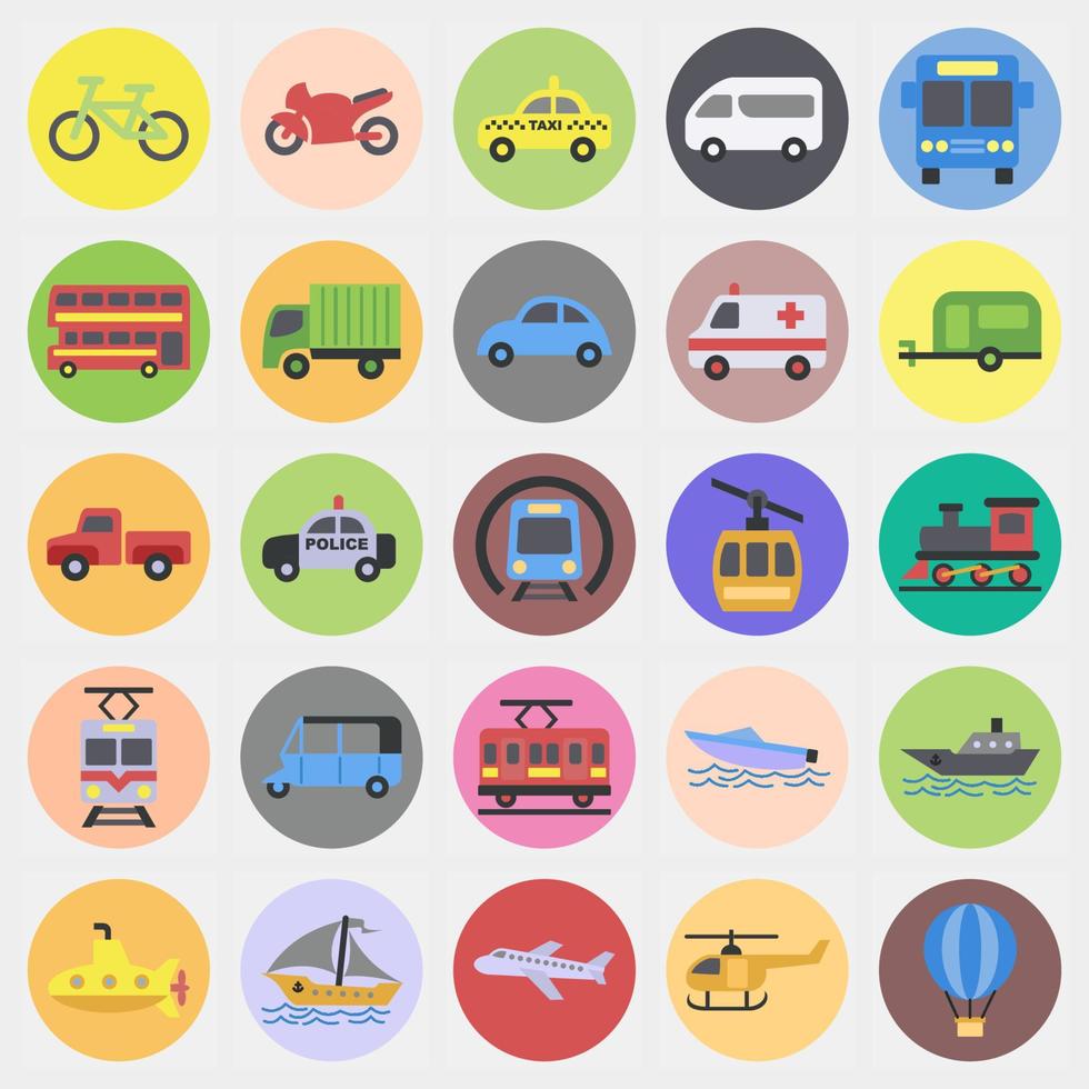 conjunto de iconos de transportes. elementos de transporte. iconos en estilo mate de color. bueno para impresiones, carteles, logotipos, letreros, anuncios, etc. vector