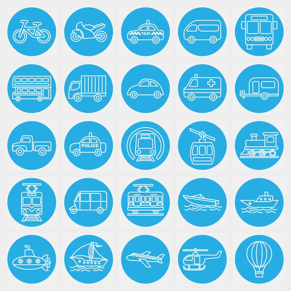 Icon set of transportations. Transportation elements. Icons in blue style. Good for prints, posters, logo, sign, advertisement, etc. vector