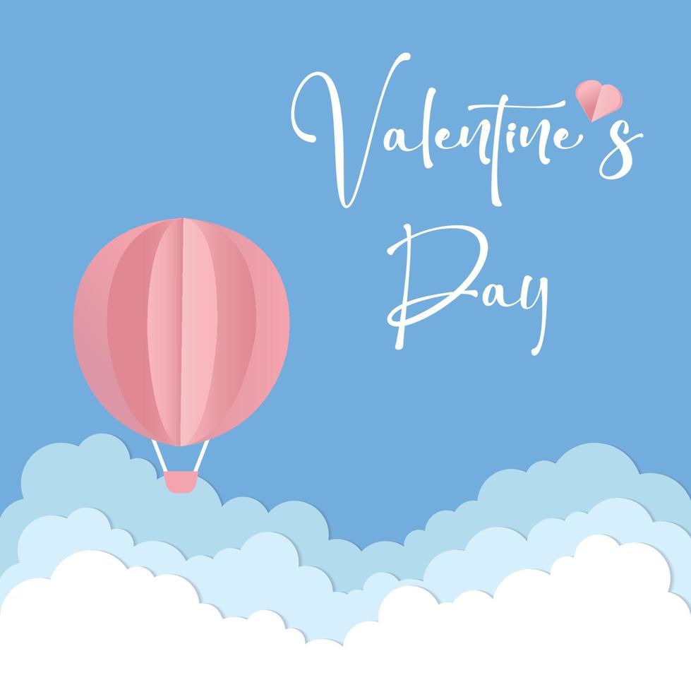 postal de amor vectorial para el día de san valentín con globo rosa, nubes de papel y fondo azul vector