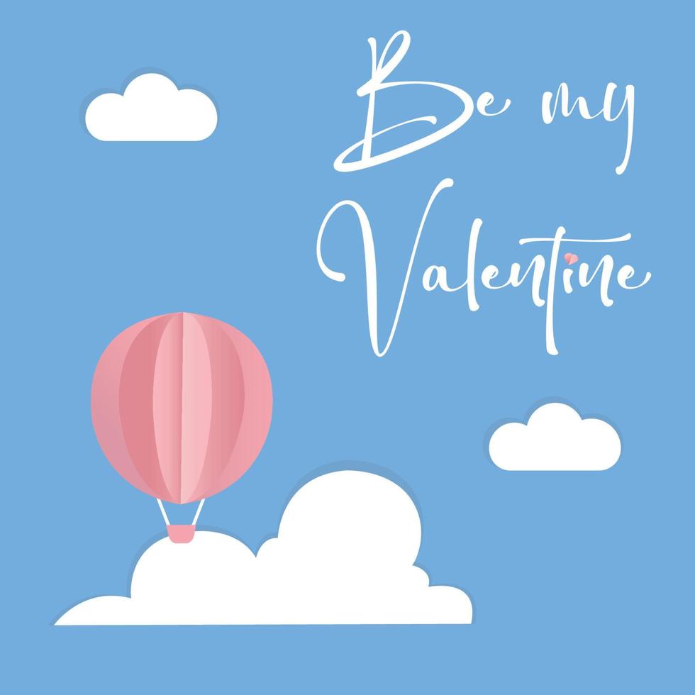 Vector love postcard for Valentine's Day with pink Balloon, paper clouds and blue background