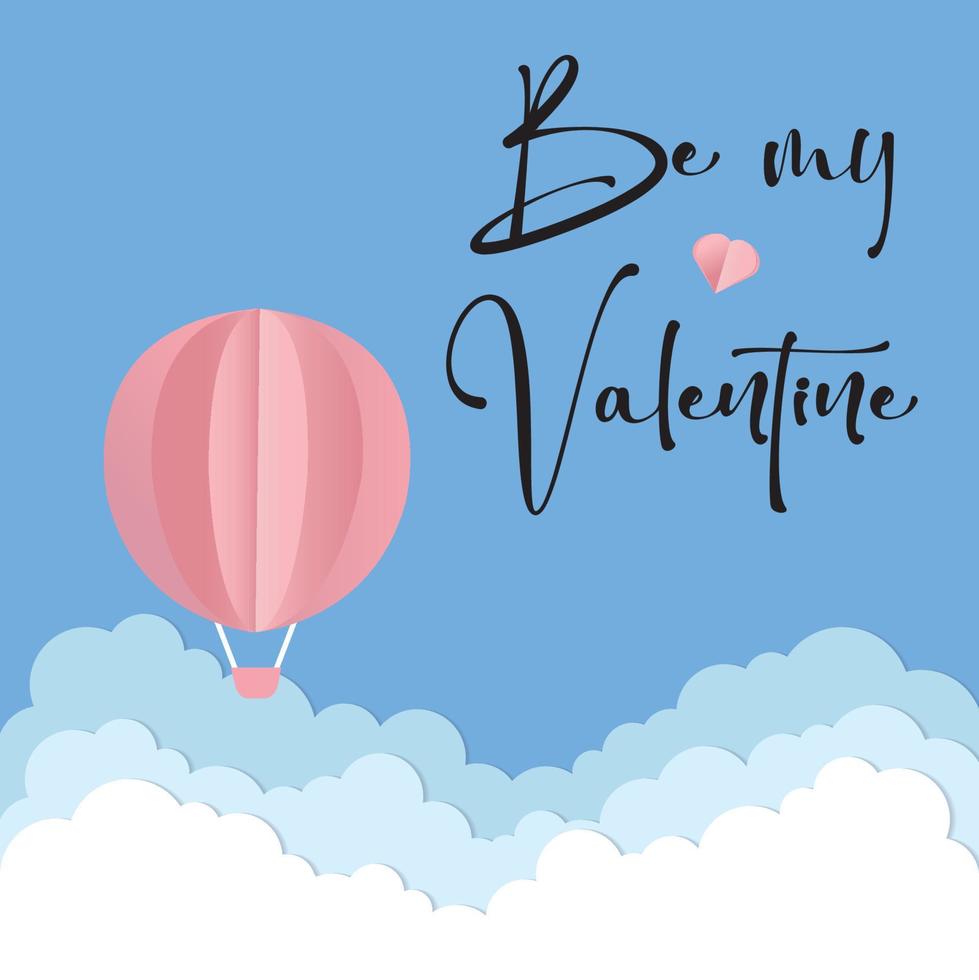 Vector love postcard for Valentine's Day with pink Balloon, paper clouds and blue background