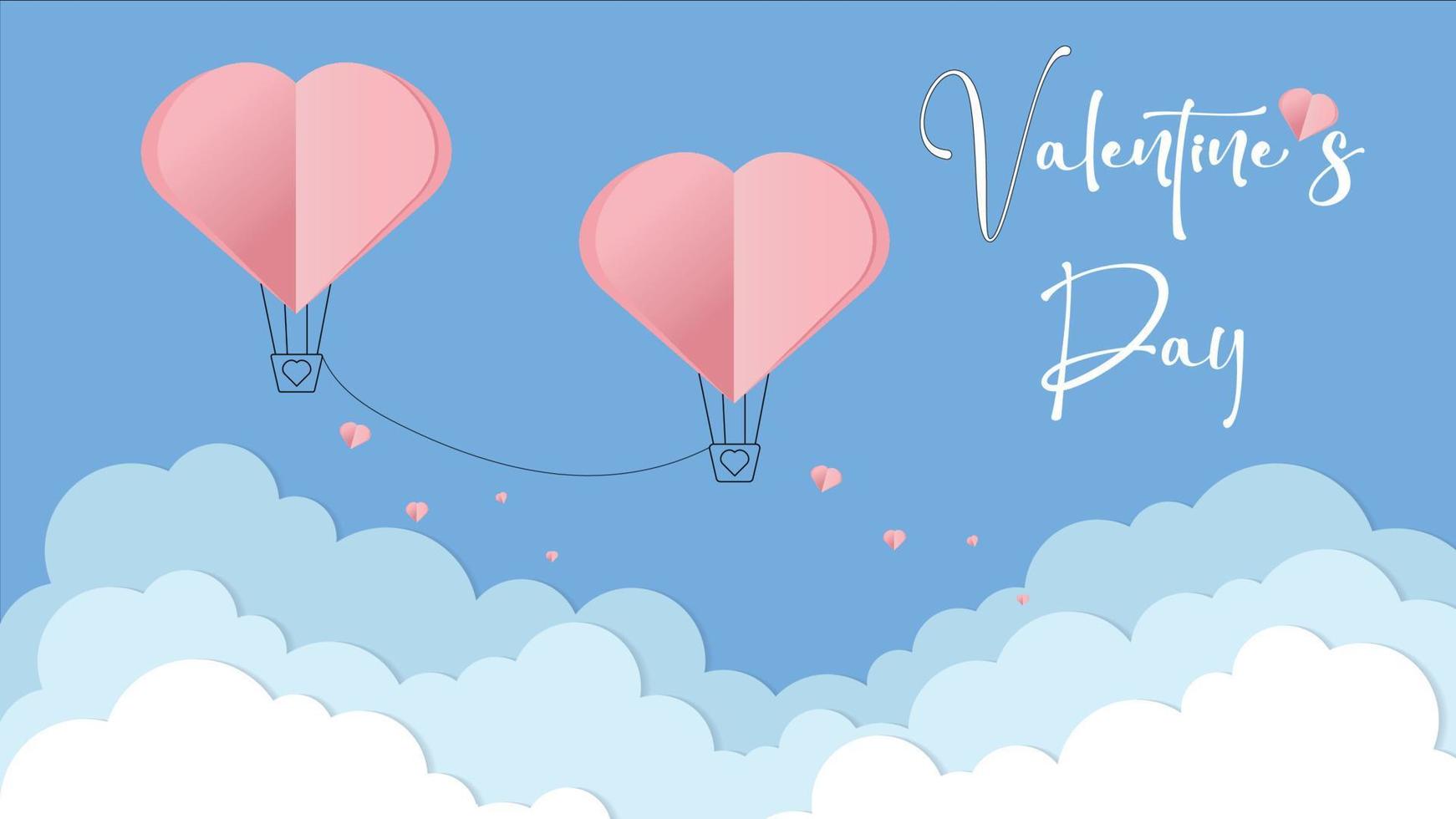 Vector love postcard for Valentine's Day with with with balloons connected by a rope, paper clouds and blue background