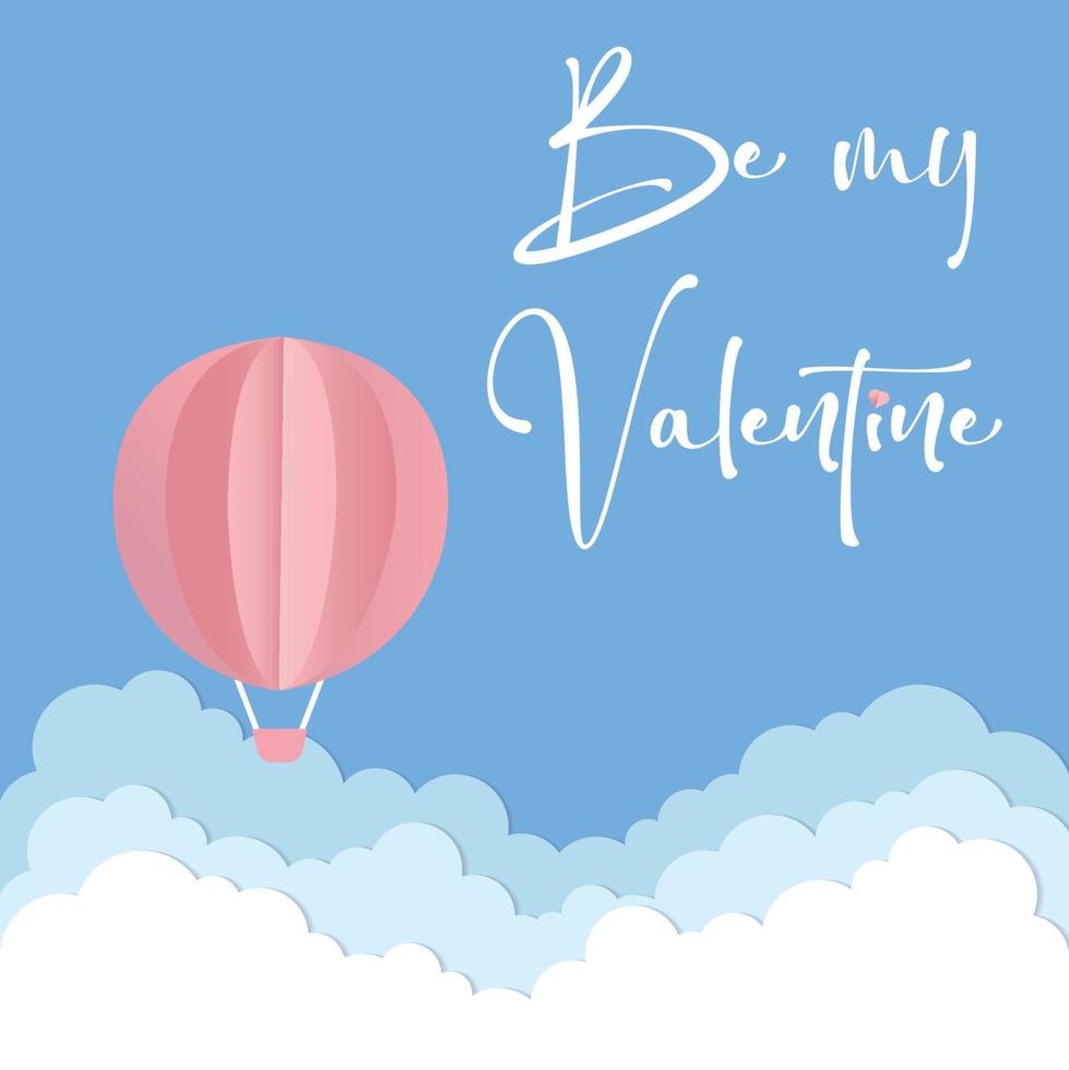 Vector love postcard for Valentine's Day with pink Balloon, paper clouds and blue background