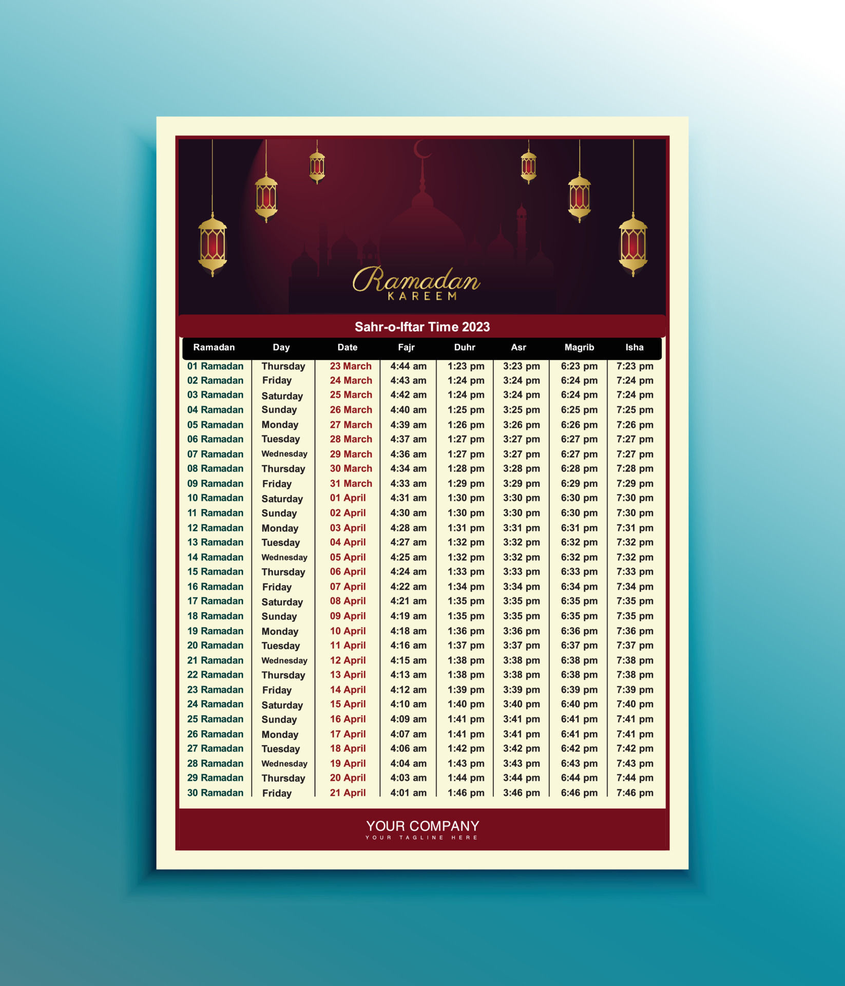 Print To Ready Ramadan Kareem Calendar Design 2023 Islamic Calendar